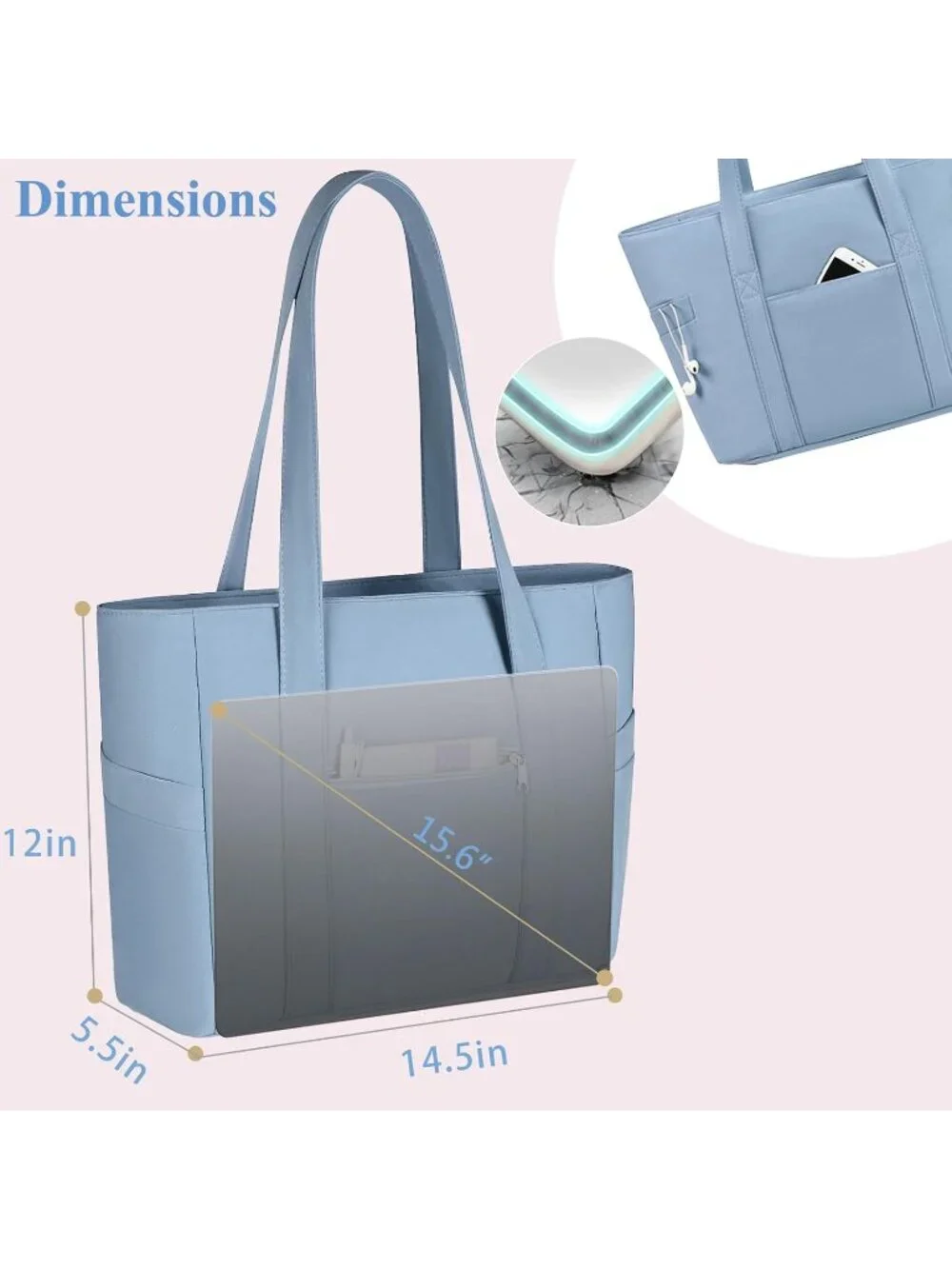 👜Women's Blue Nylon Large Tote Bag With Zipper 15.6 Laptop Sleeve Work Bag